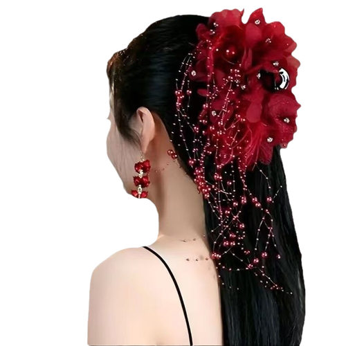 中老年红色流苏抓夹头饰小红书