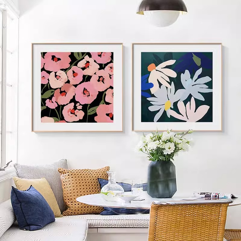 北欧小清新c客厅装饰画抽象花卉沙发背景墙挂画简约方形卧室床头图片
