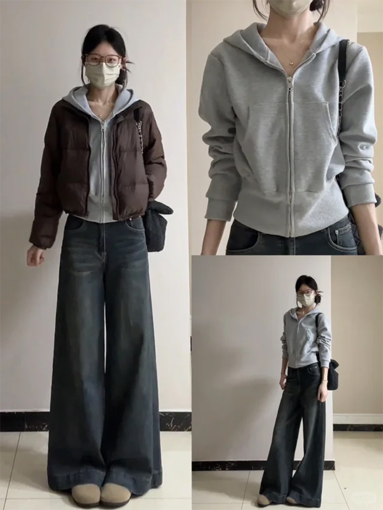 灰色连帽卫衣外套女款秋冬新款修身短款收腰上衣早秋穿搭美式开衫