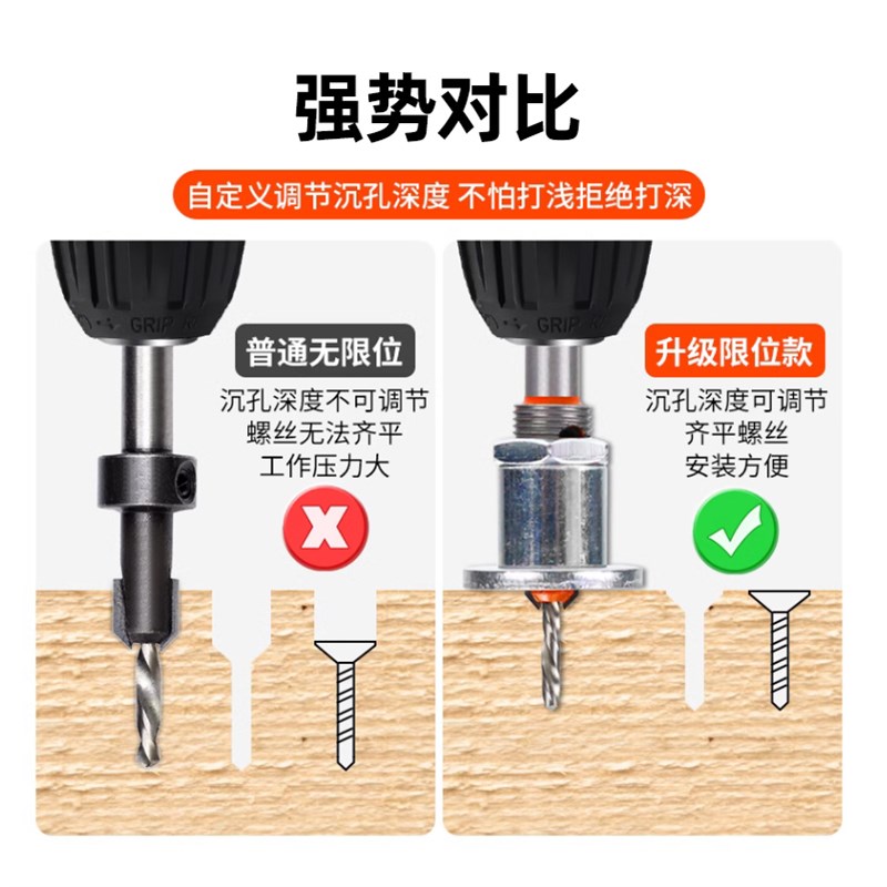 木工双孔沉孔钻非标手电钻打孔沉头沙拉钻头螺丝锥孔钻开孔器台阶