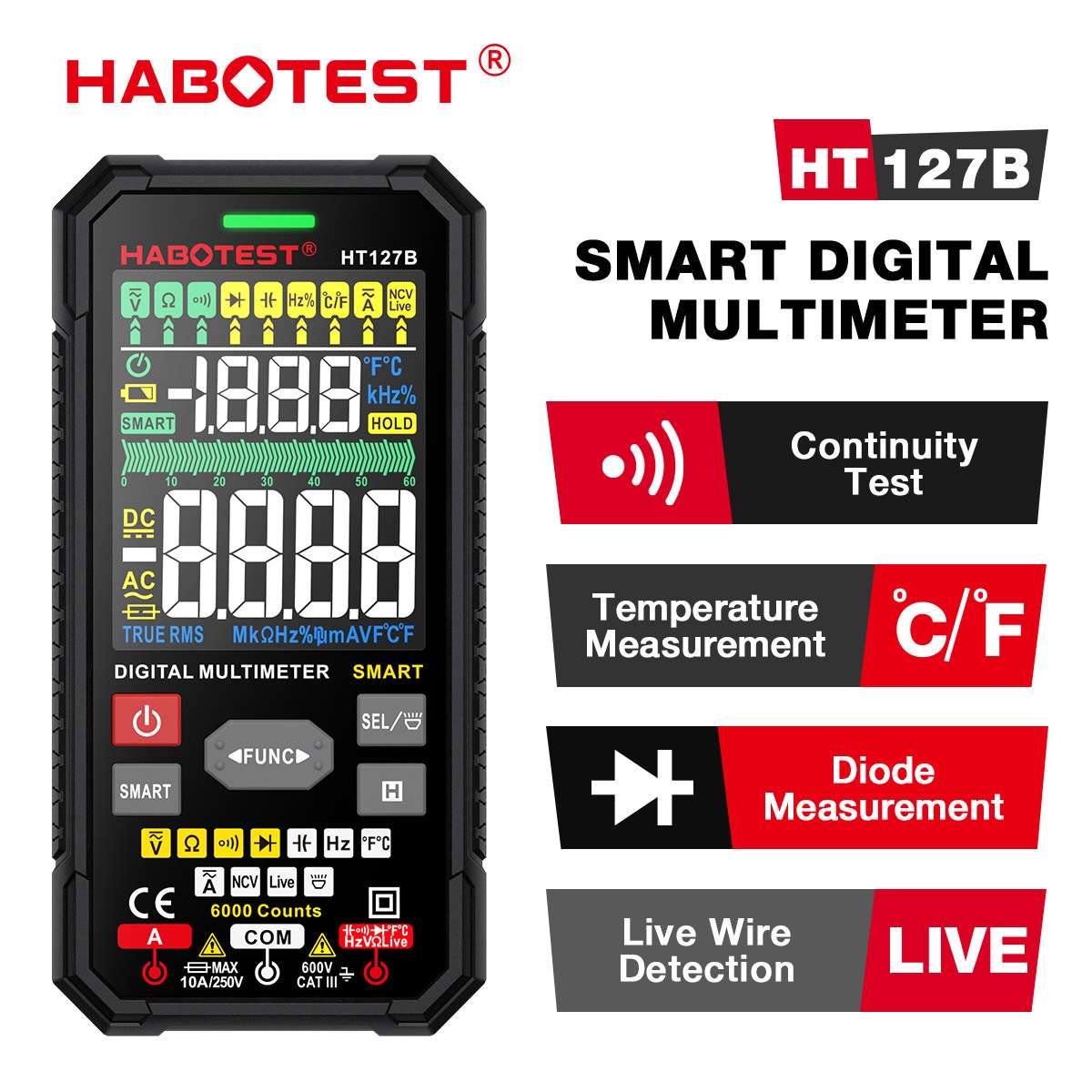 HABOTEST HT127A/B超薄彩屏数字万用表高精度多功能全自动数显表