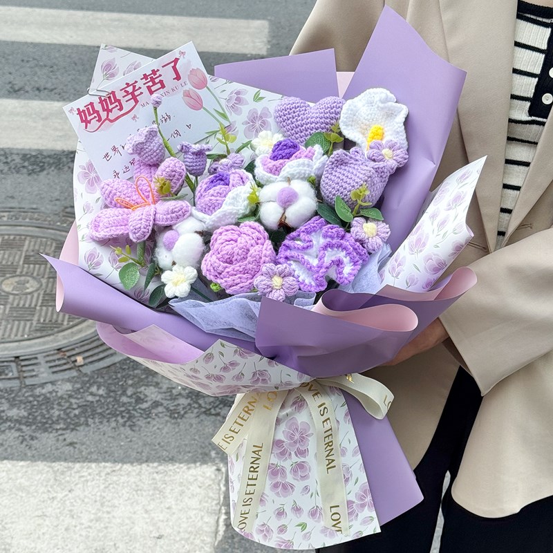 母亲节创意针织毛线混搭玫瑰郁金香花束生日礼物送妈妈惊喜礼品花