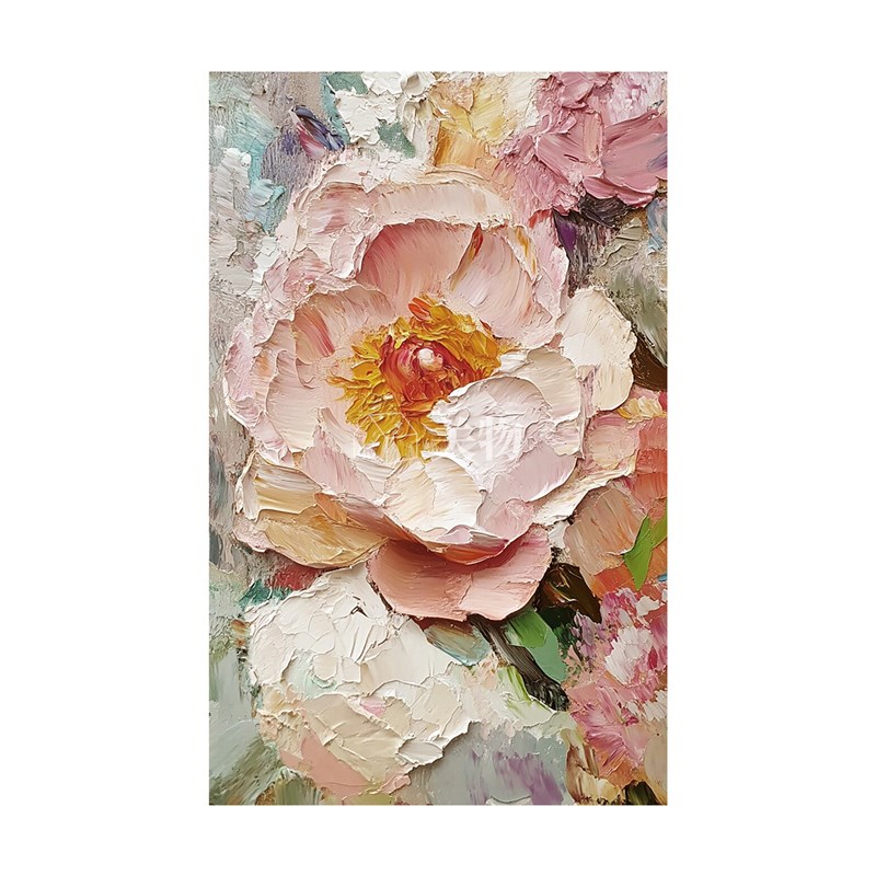 奶油风牡丹纯手绘油画客厅沙发背景墙装饰画立体肌理花卉玄关挂画