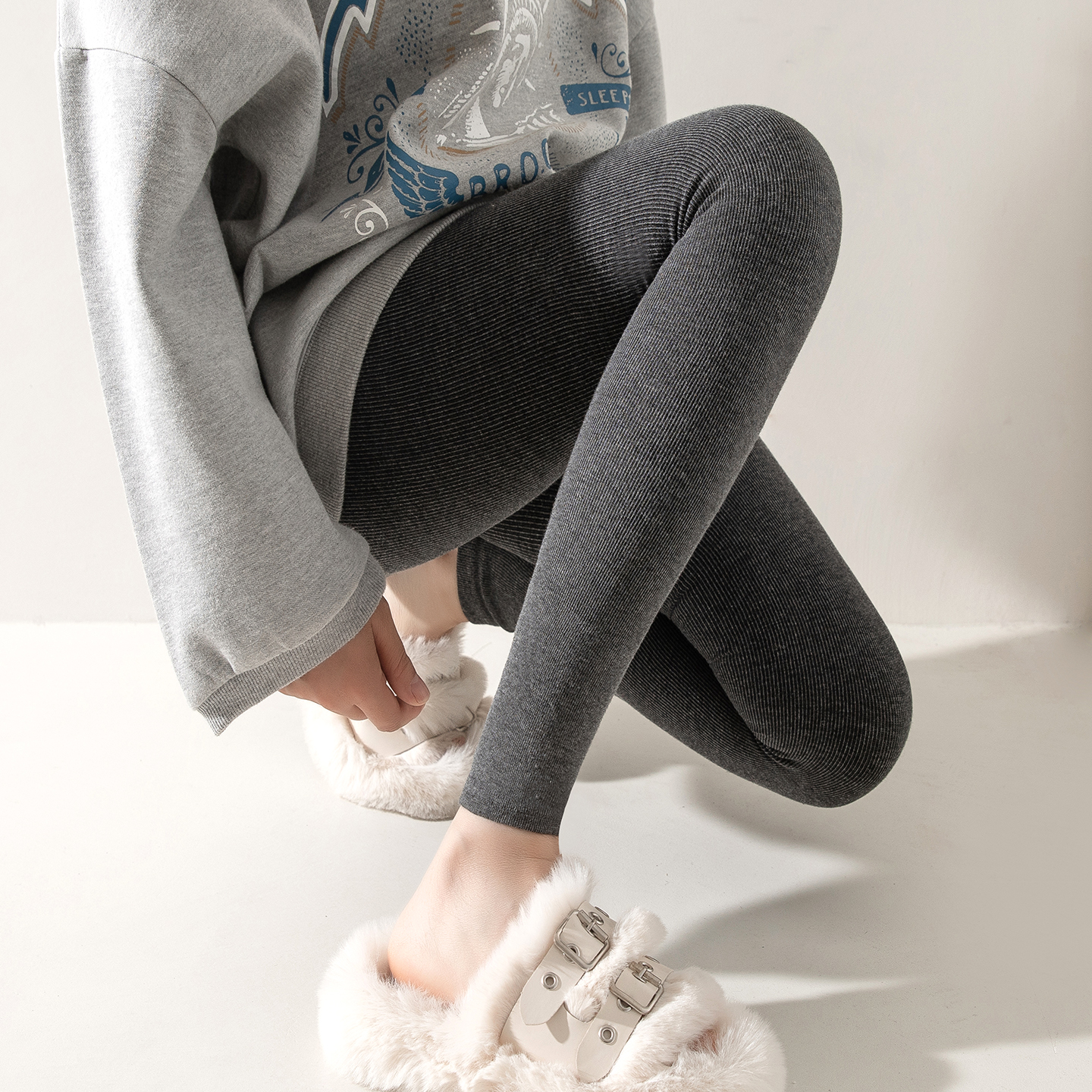 【正品优荐】螺纹灰色打底裤保暖