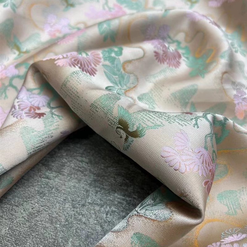 新品高定轻奢绿竹机织真丝宋锦面料连衣裙套装旗袍桑蚕丝服装布料