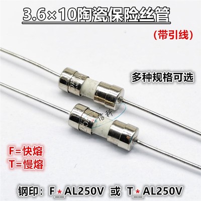3.6*10陶瓷保险丝管带引线快熔F慢熔T1A 2A 3 4 5 6 8A F10AL250V