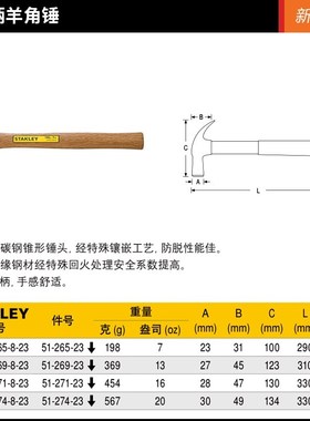 史丹利工具实心一体羊角锤硬木柄羊角锤STHT51265-8-23/51274