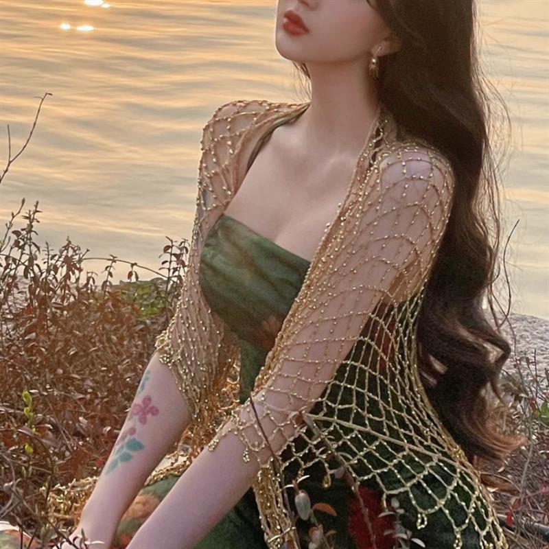 薄款旗袍披披肩金色镂空钩花蕾丝装饰斗篷汉服礼服外搭覆古优雅小