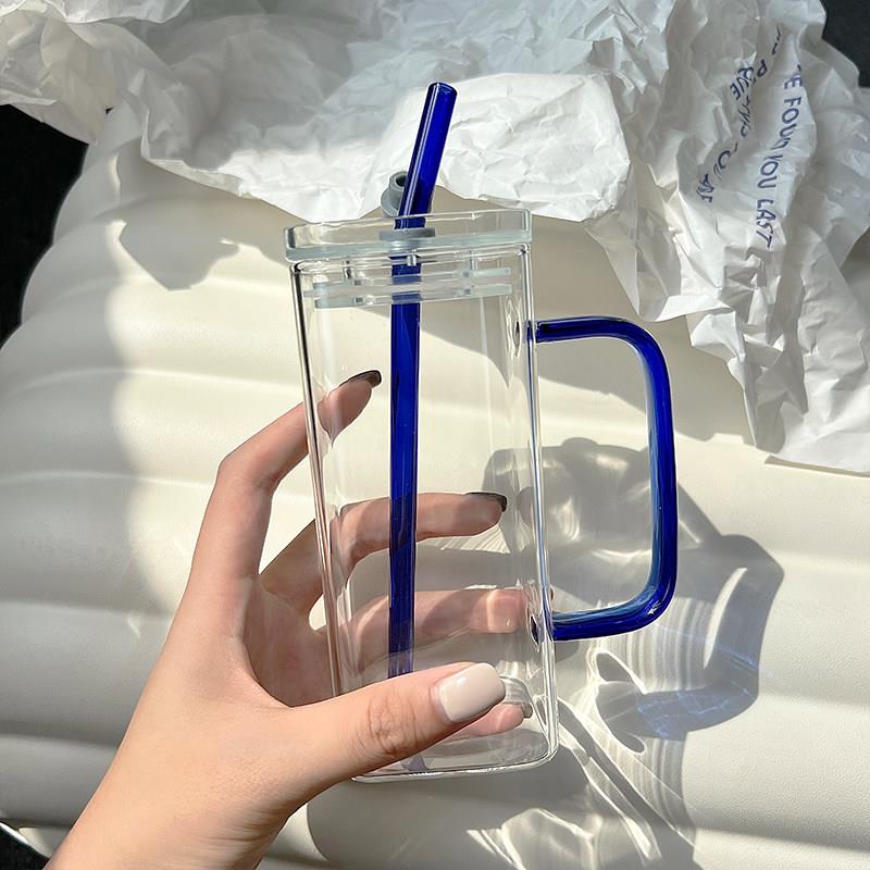 【官方正品】方形玻璃杯女士高颜值吸管水杯家用带把手透明简约平图片