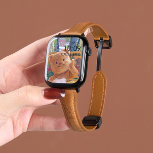 新款适用iwatchS11表带女款苹果手表s10表带腊肠狗SE3手表带智能S9秋冬女士ultra真皮高级42mm磁吸皮质小众
