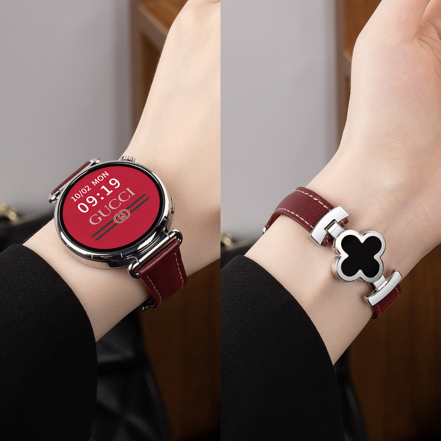 美派适用华为gt6手表带watchgt5四叶草watch5酒红色gt5Pro真皮磁吸扣运动GT4智能watch5腕带gt3表链冬季2女款