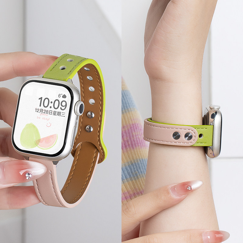 美派适用iwatch拼色双钉扣皮表带