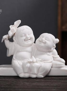 陶瓷车载小摆件 和合公仔家居工艺品玄关摆饰 瓷娃娃童子礼品