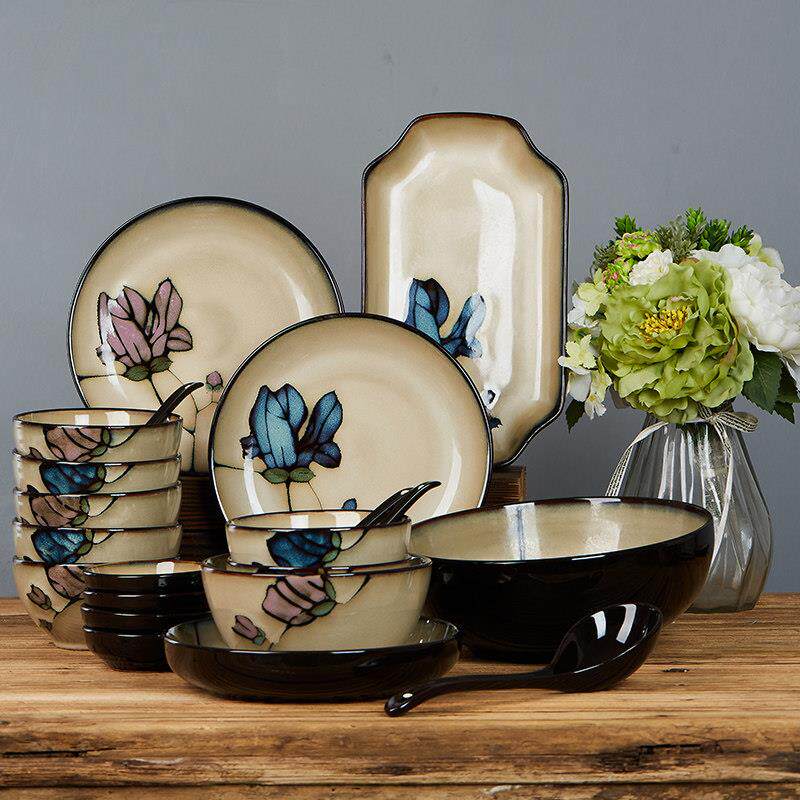 陶瓷碗碟套装家用覆古釉下彩手绘防烫饭碗餐盘4/10人碗盘组合餐具