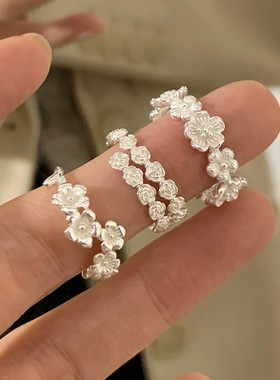 韩国s925纯银花朵戒指女小众简约时尚韩系食指戒气质指环银戒指