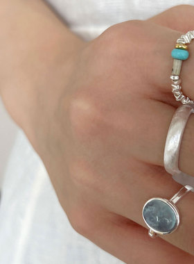 S925纯银海蓝宝水晶戒指女素圈指环小众设计高级感轻奢百搭手饰