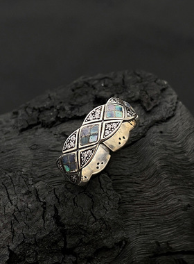 s 925 银菱格彩贝戒指女轻奢小众设计感开口可调节高级感指环