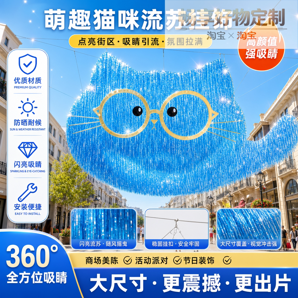 网红猫咪雨丝帘节日美陈定制户外景区灯光打卡拍照背景工厂直供