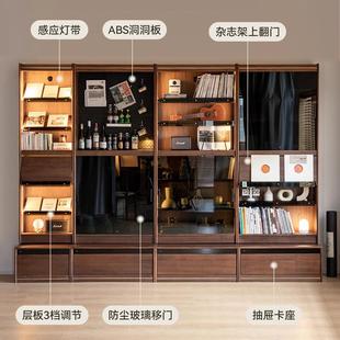 实木卡座书柜自由组合玻璃防尘展示柜客厅黑胡桃木落地储物柜