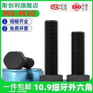 10.9级国标高强度细牙外六角螺栓碳钢细扣加长螺丝钉M10M24M8M16