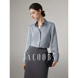 娅可家面料升级3.0 女春秋垂感通勤职业衬衣 灰蓝色暗门襟缎面衬衫