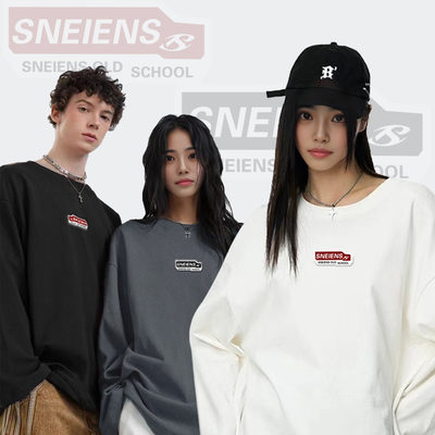 纯棉潮牌重磅直口胶章情侣长袖