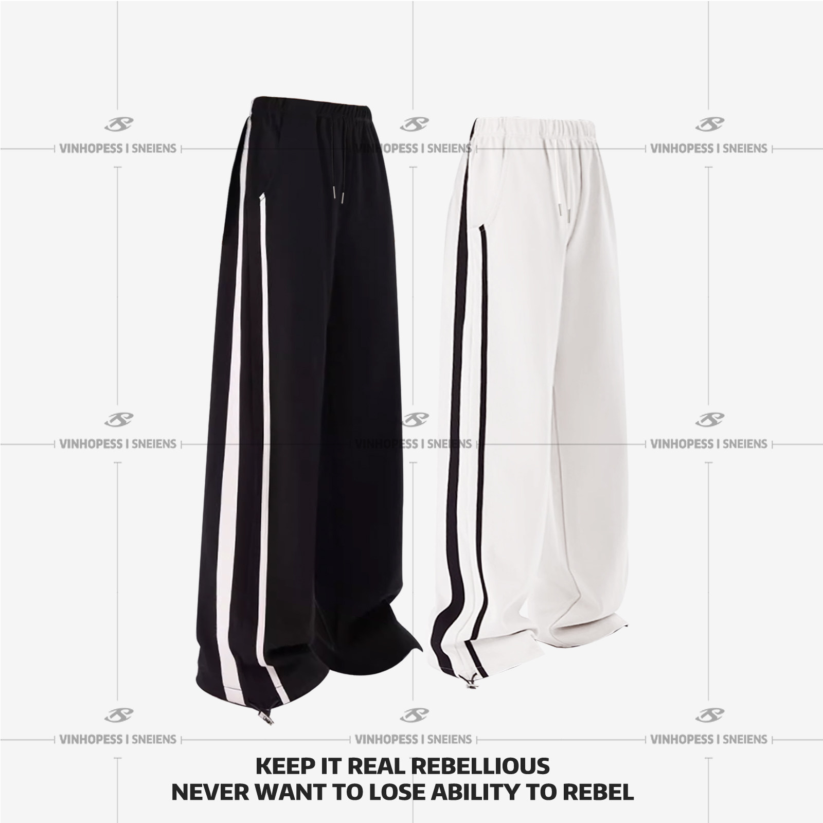 VINHOPESS/威宏丝简约运动风侧条纹卫裤男宽松直筒阔腿休闲裤长裤