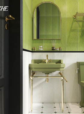 仪奢草绿色欧式复古洗脸盆黄铜支架洗手盆卫生间落地洗手池洗漱台