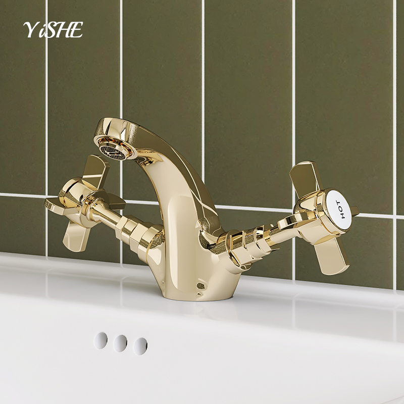 仪奢法式复古水龙头全铜面盆洗手龙头浴室金色冷热水头旋转双把手