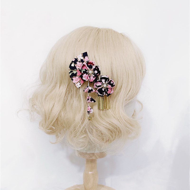 日系和风发饰lolita大蝴蝶结发夹粉黑色樱花边夹复古花朵少女饰品