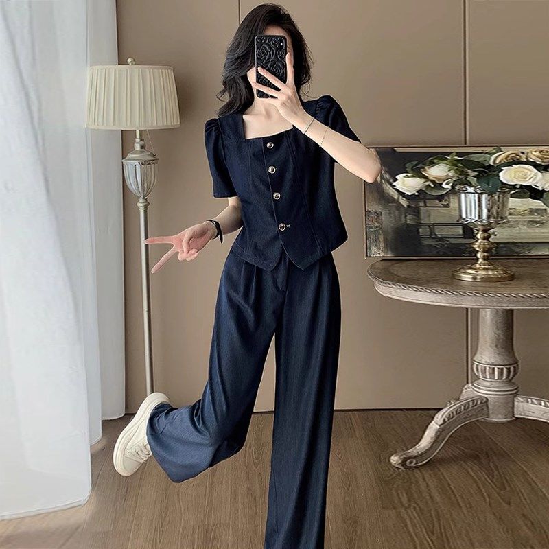 高级感时尚韩版套装女2025年夏季新款洋气方领小衫阔腿裤两件套潮