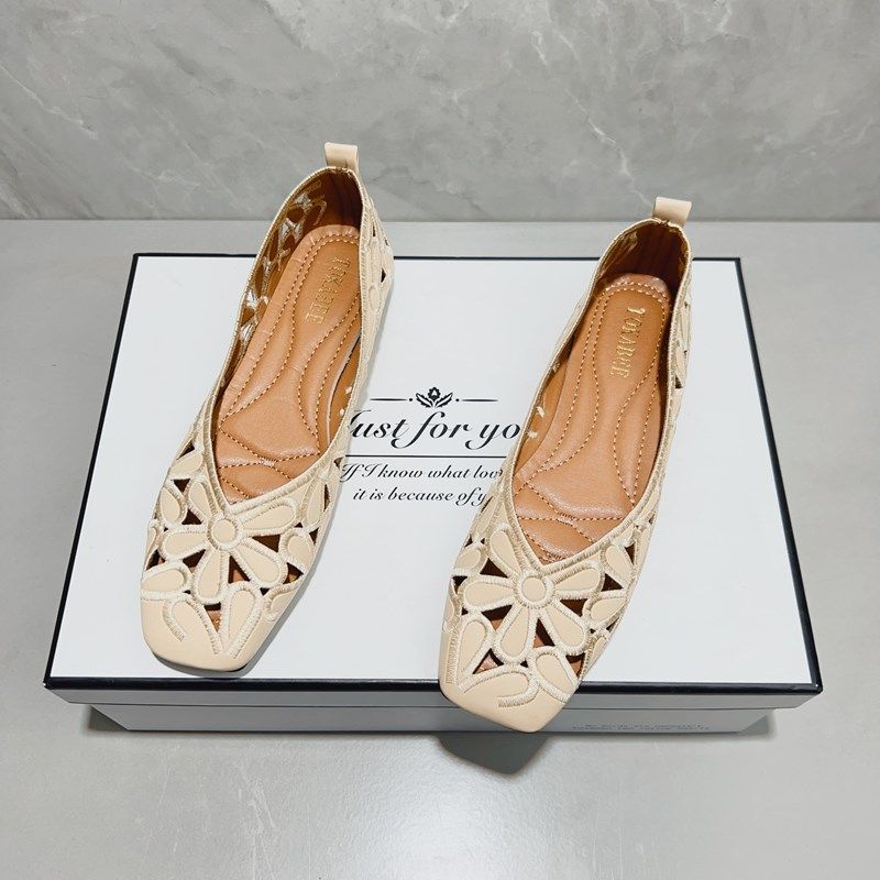 2025新款镂空方头浅口单鞋女夏韩版百搭透气豆豆鞋大码工作平底鞋,女鞋,洞洞鞋,淘宝优惠券,粉丝福利购,淘宝优惠卷