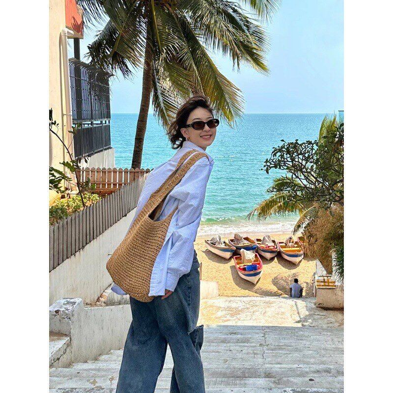 侧面cma单肩大容量斜挎草包女夏帆布袋海边度假沙滩编织包包草编