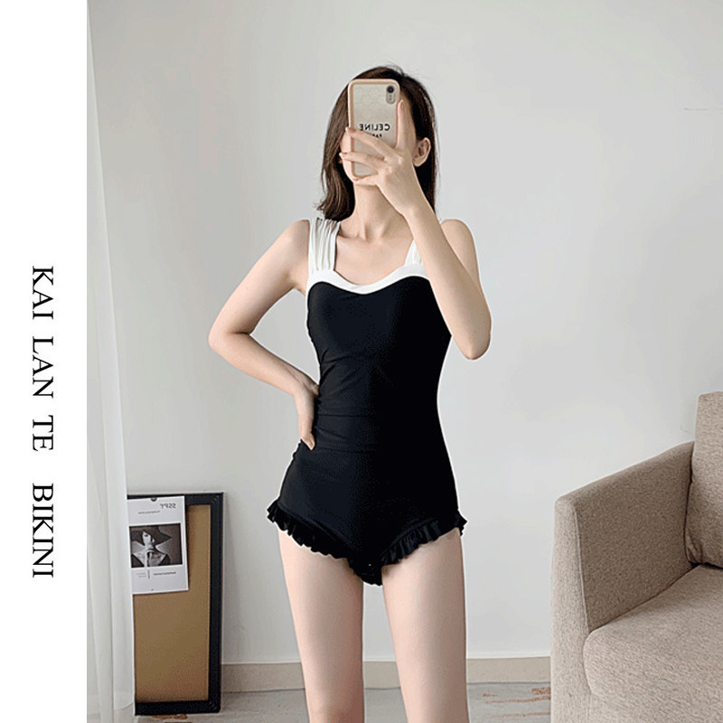 新款黑色平角显瘦遮肚连体泳衣小胸聚拢保守学生温泉泳衣女夏