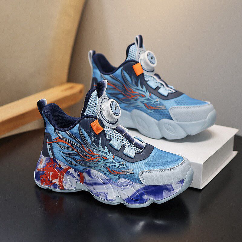 儿童跑步鞋秋季2024新款潮酷网面透气男童轻便旋转扣运动鞋子皮面