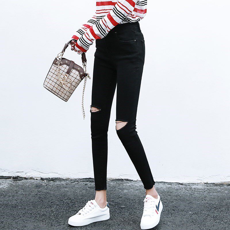 2024秋季黑色破洞牛仔小脚裤女生小E个子1米5八分显瘦显高弹力紧