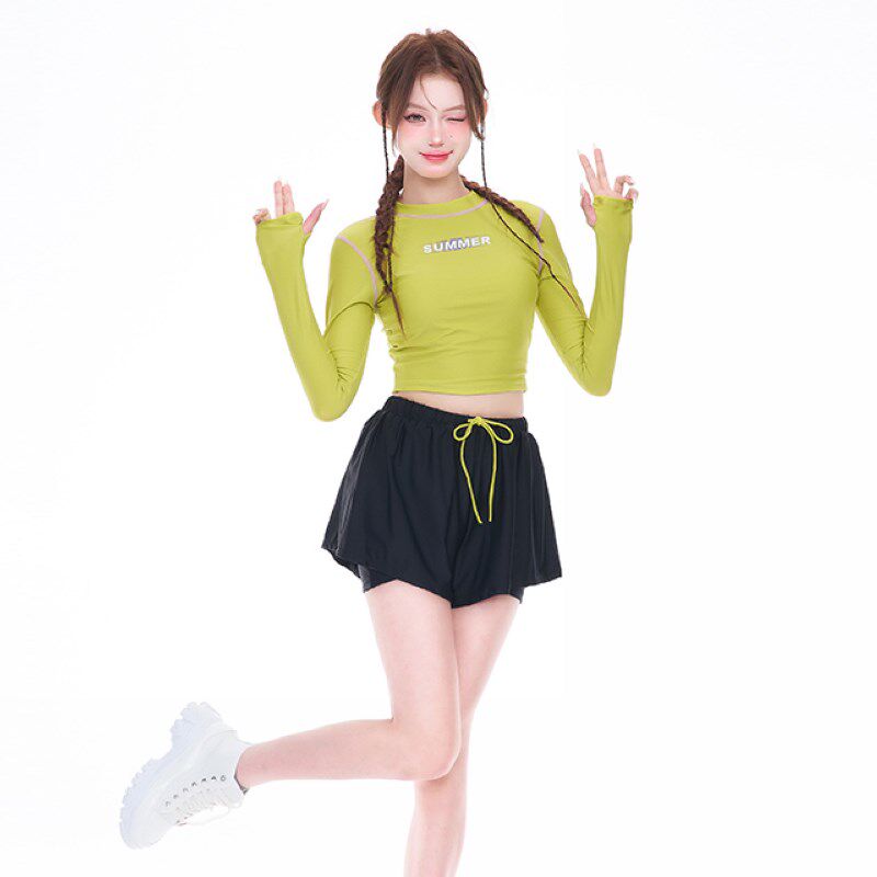 长袖泳衣女款分体平角三件套运动保守女孩高级感2024新款温泉泳装