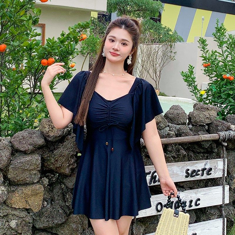 泡温泉大码泳衣女连体微胖遮肉显瘦遮肚裙式平角裤女士成人游泳衣