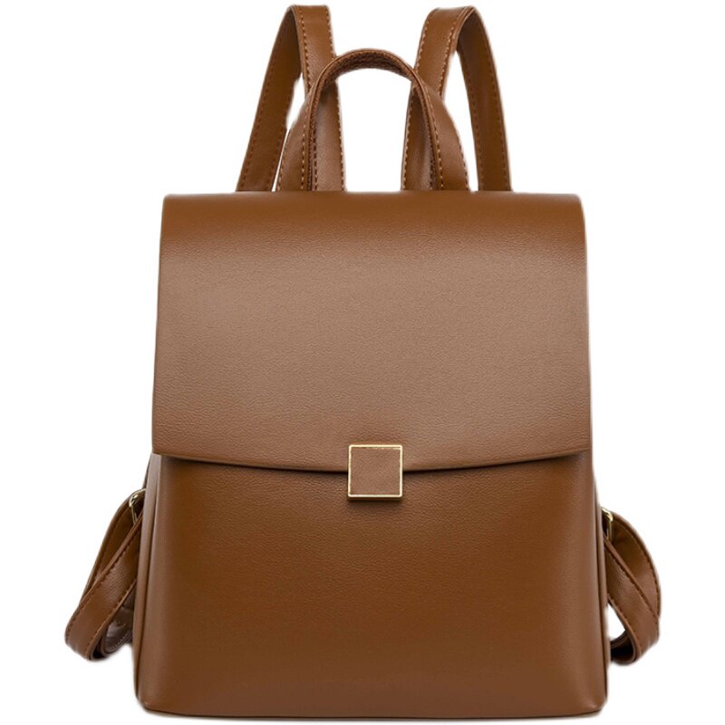 极简通勤纯色双肩包高级感多隔层定型背包女士逛街上班包盖式包包