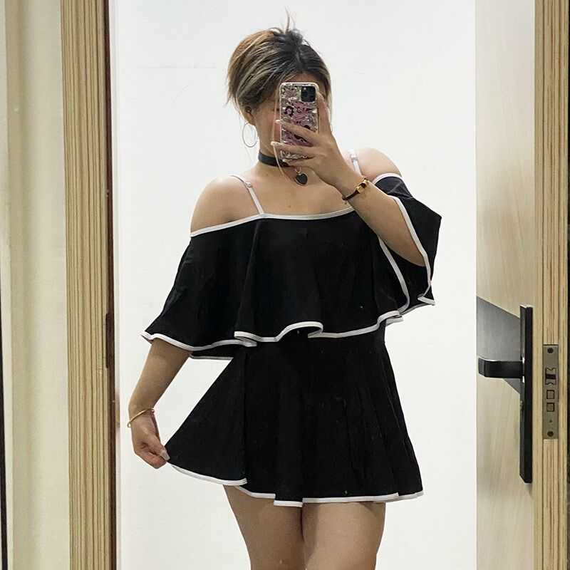 大码泳衣 女200斤可穿显瘦遮肉荷叶边连体平角裤钢托温泉度假泳装