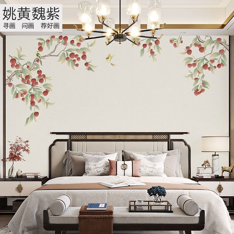 现代中式刺绣墙布k柿子图硕果累累床头背景墙壁布绣花独绣壁画硬
