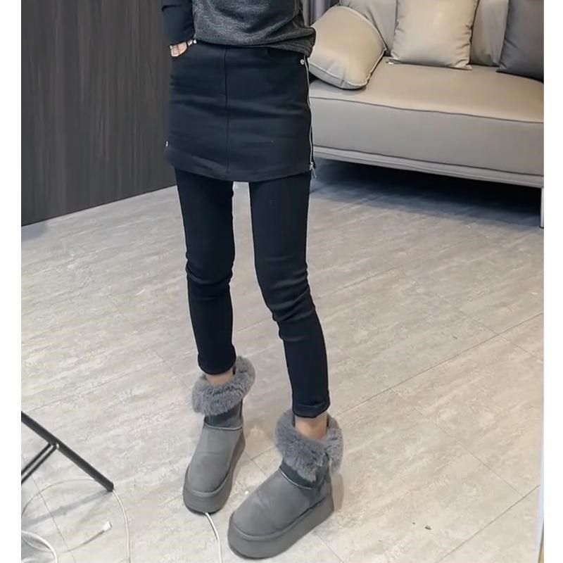 秋冬加绒牛仔围裙裤女侧拉链包臀弹力显瘦小N脚裤假两件九分直筒
