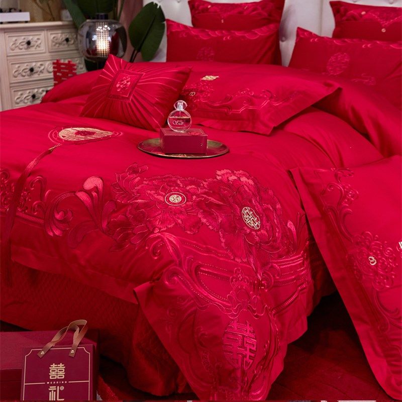 中式高档花卉全棉婚庆四件套喜字刺绣款纯棉被套床单结婚红色床品