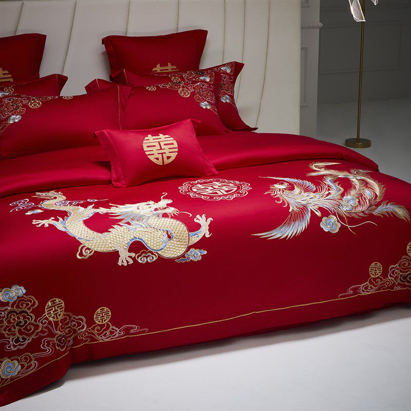 高档龙凤新婚庆四件套100S长绒棉大红色纯棉全棉结婚喜被床上用品