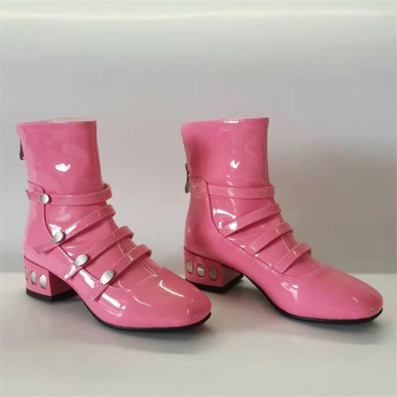 金色银色亮漆皮粗跟短靴马丁靴小码模特走秀比赛舞台表演小黑靴子