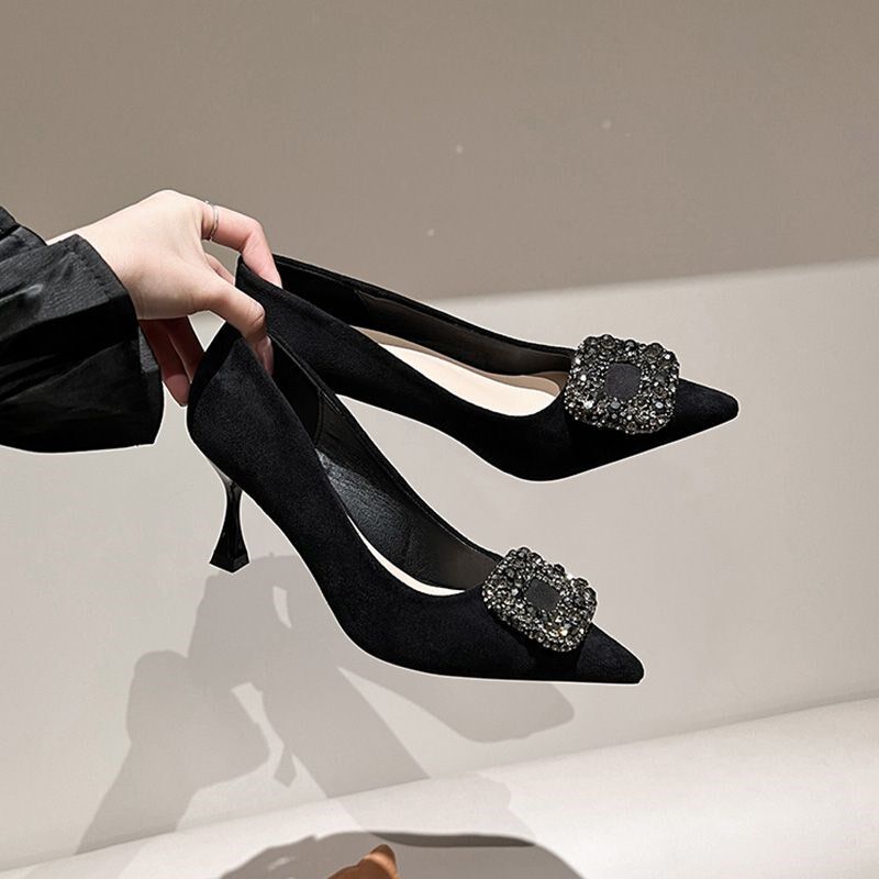 黑色高跟鞋女2024年新款细跟水钻绒面不累脚气质尖头单鞋女工作鞋