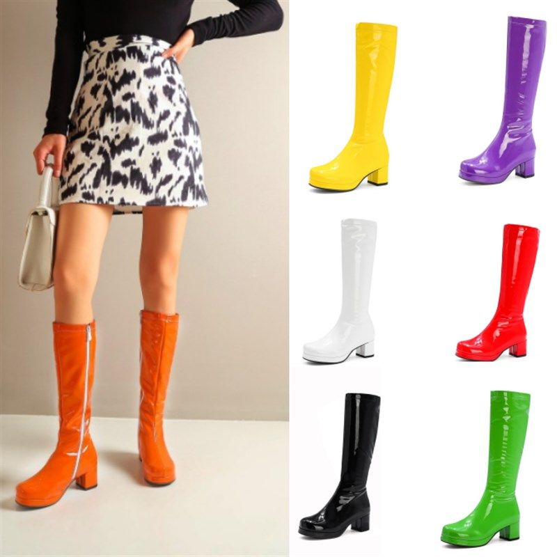 四季粗跟防水台高筒靴糖果色中跟弹力靴大码小码模特走秀漆皮女鞋