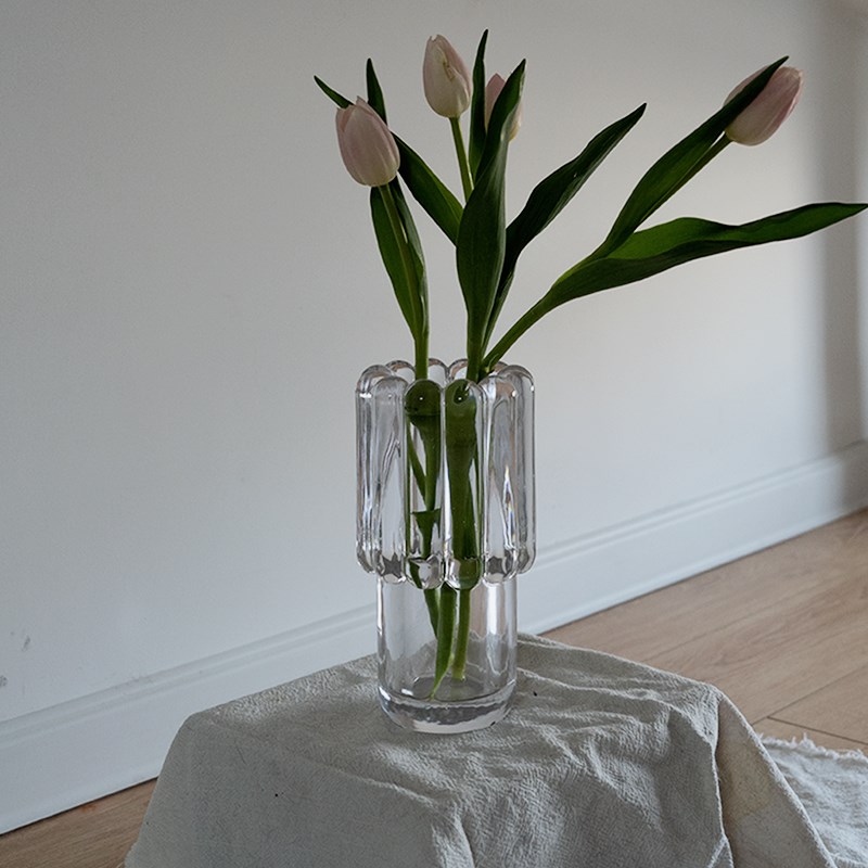 OOOOH!简约现代风竖纹花瓶透明水晶玻璃花器果盘桌面摆件