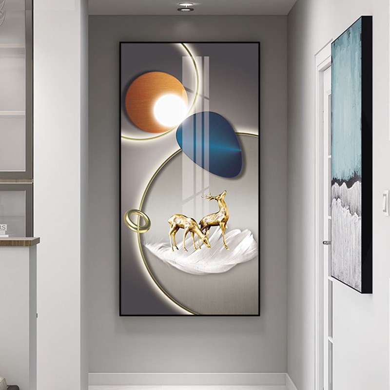 入户玄关装饰画立体镶钻晶瓷画现代走廊过道楼铝合金梯挂画抽象鹿图片
