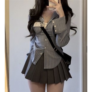 jk制服套装纯欲收腰衬衫女美式学院风辣妹小众设计感长袖条纹衬衣